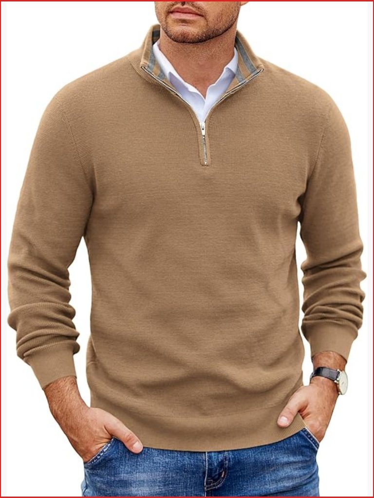 Quarter Zip Pullover Slim Fit Lightweight Knit Mock Neck Sweater